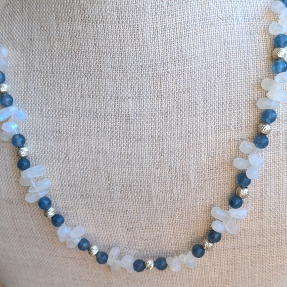 Hand Crafted Jewelry - Moonstone & Kyanite Sterling Silver necklace. New Glowing Genuine Gems, Blue